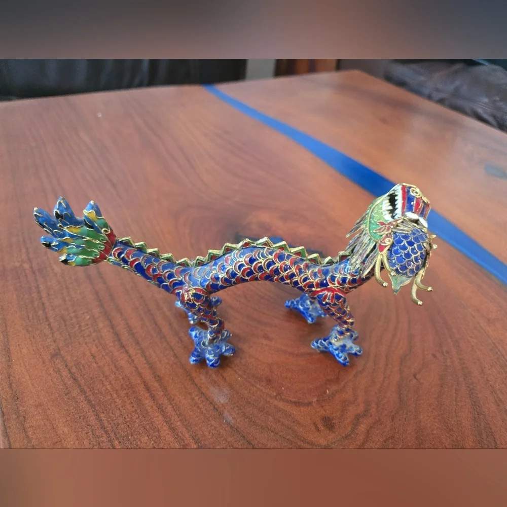 Decorative Blue and Red Cloisonné Dragon Figurine for Reptile Display